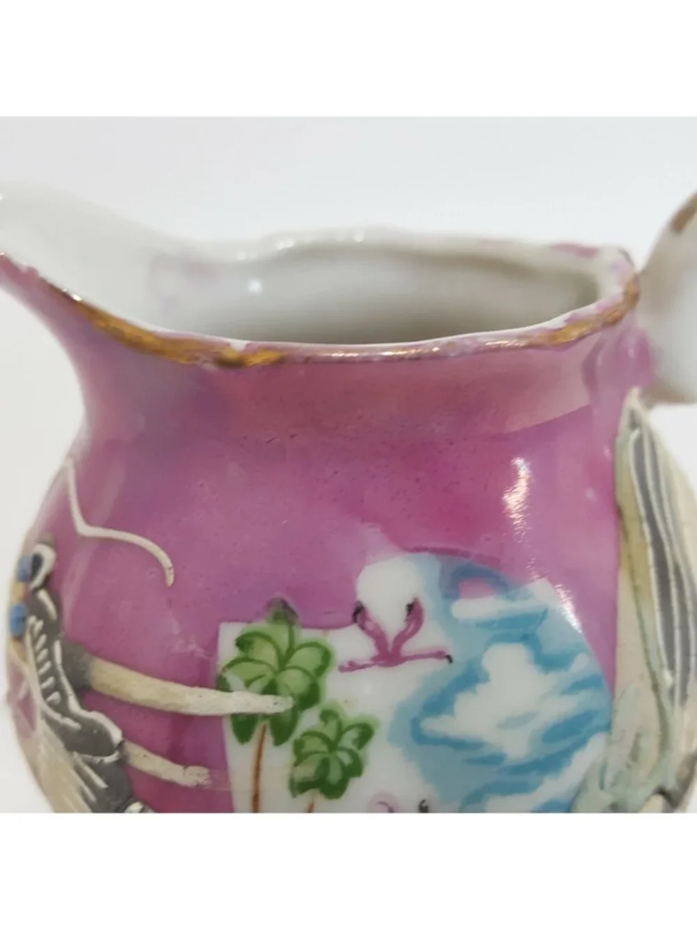 Mini Porcelain Hand-Painted Raised Dragon Creamer Lucky China 4” Tall Pink Gold
